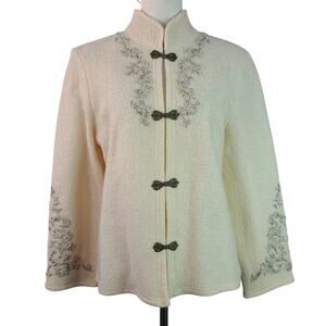 Coldwater Creek Cream Silver Embroidered Wool Jacket Sweater Cardigan Large